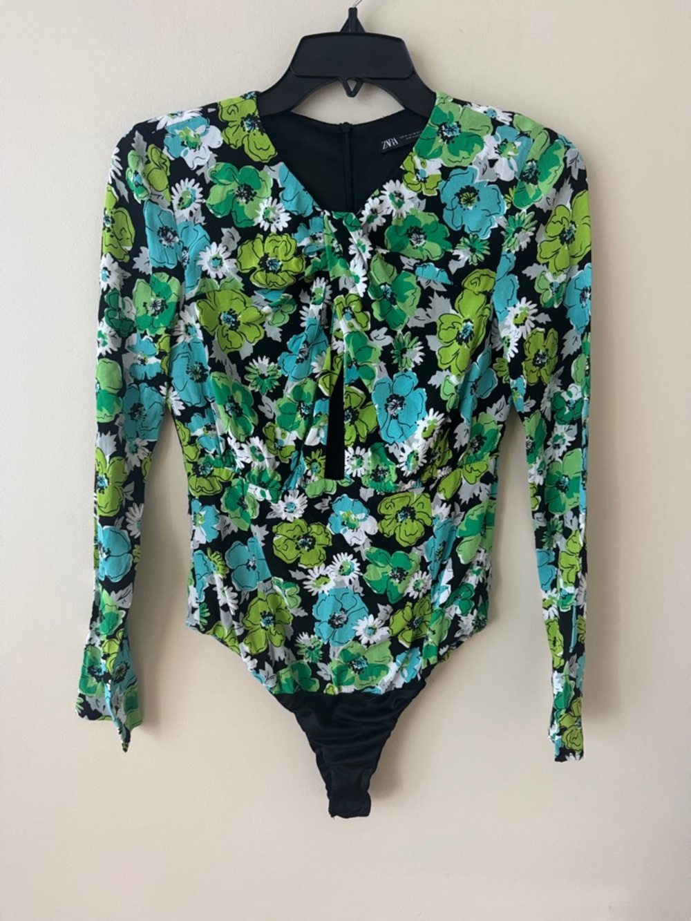 Zara Floral Long-Sleeve One-Piece in Green, Aqua & Black